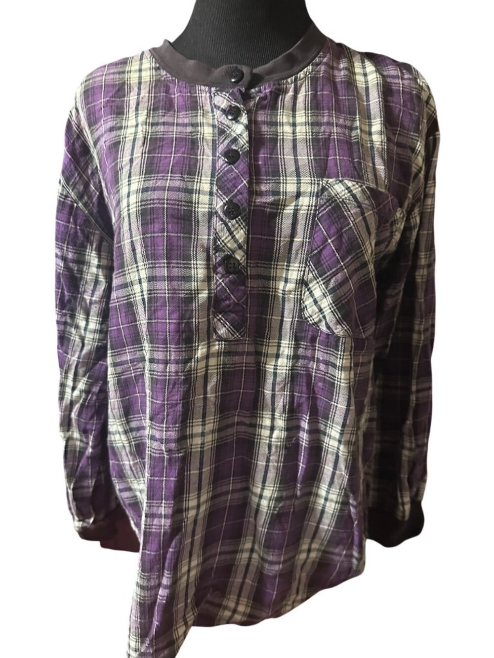 Jennifer Moore purple and black plaid pull over top size S